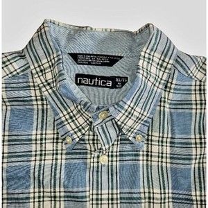 Nautica Men's XL Shirt Blue White Plaid Button Up Short Sleeve Sailboat Logo